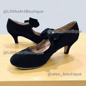 Liuruijia Mary Jane Pumps Black Velvet Bow Strap Kitten Heels(F036)-Size 9